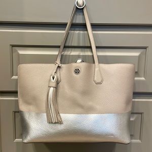 Tory Burch grey/taupe and Silver shoulder tote